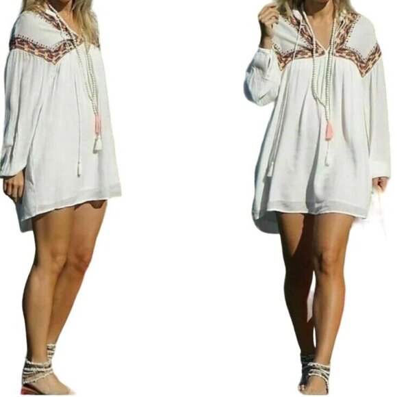ZARA Trafaluc Womens Small White Embroidered Boho Tribal Tunic/Dress Puff Sleeve - Picture 1 of 10